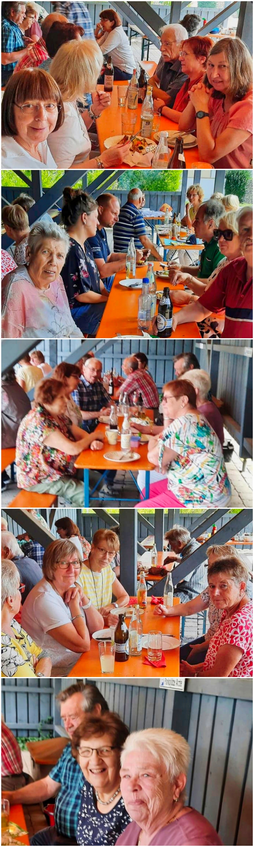 Collage mit Bildern von der Grillfeier. Zu sehen sind Mitglieder der Regionalgruppe Ingolstadt unter einem Holzdach im Freien auf Biertischen die sich unterhalten und gemeinsam speisen