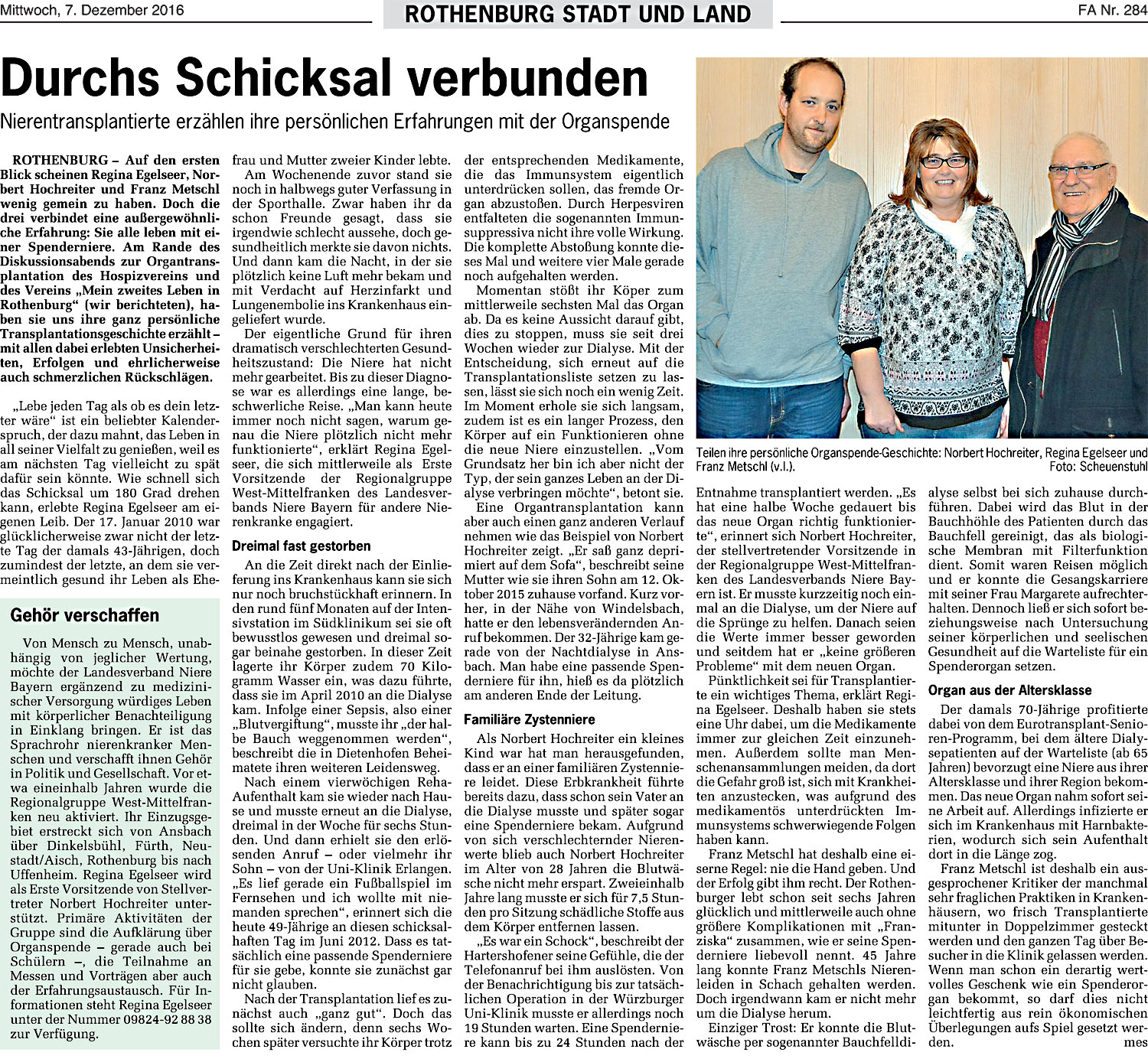 Aktuelles der RG West Mittelfranken Landesverband Niere Bayern e.V.